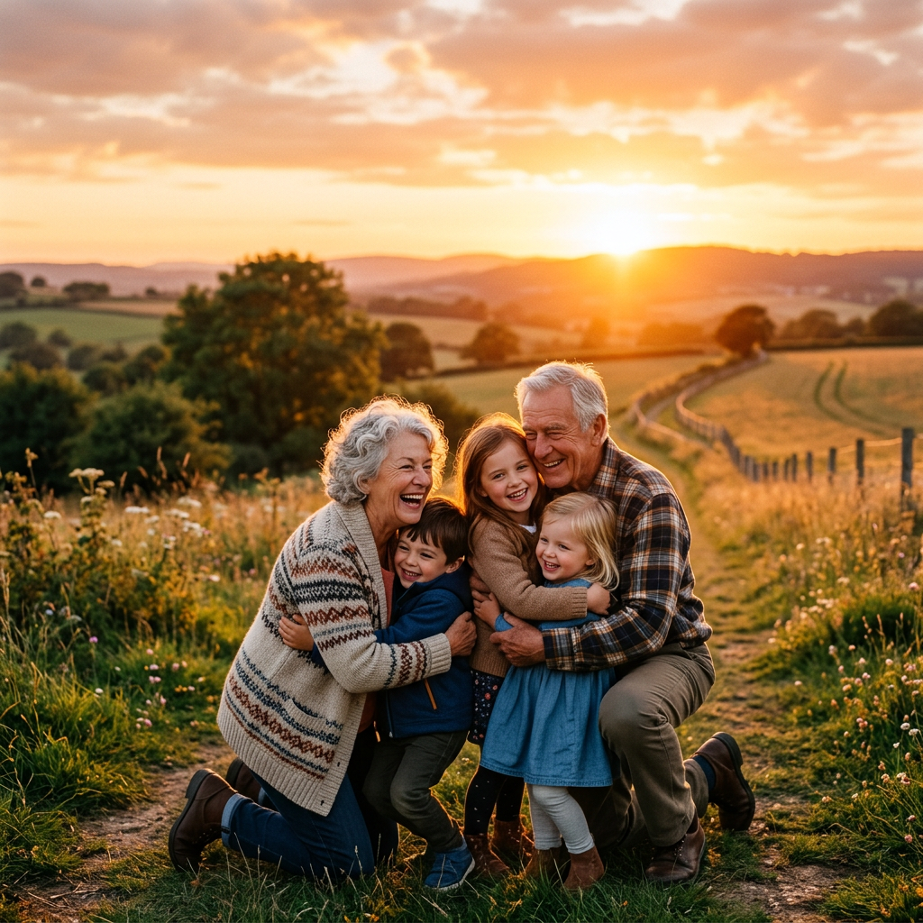 Grandparents kneeling on a grassy path hugging three smiling children at sunset