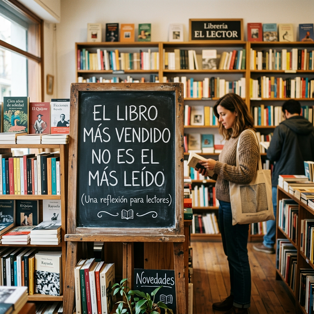 Chalkboard sign in Spanish stating bestseller is not the most read book in a bookstore