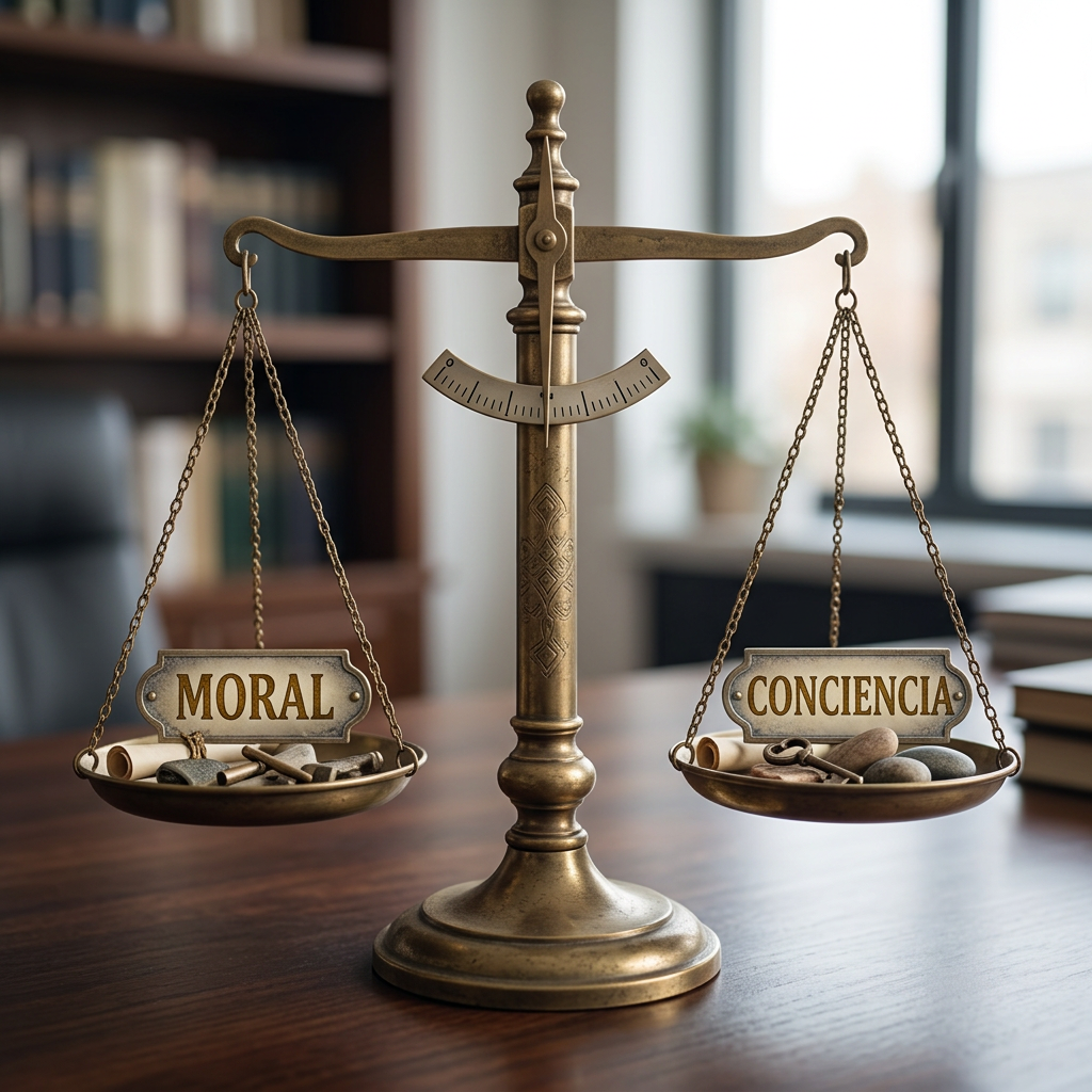 Vintage balance scale with plates labeled 'MORAL' and 'CONCIENCIA' holding symbolic objects.