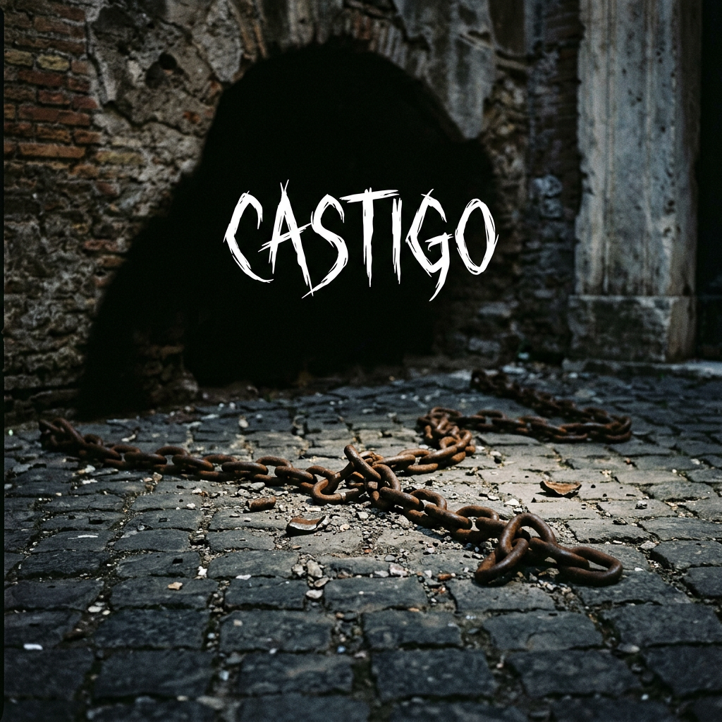 Rusty chains on stone floor in a dark dungeon entrance with the word CASTIGO.