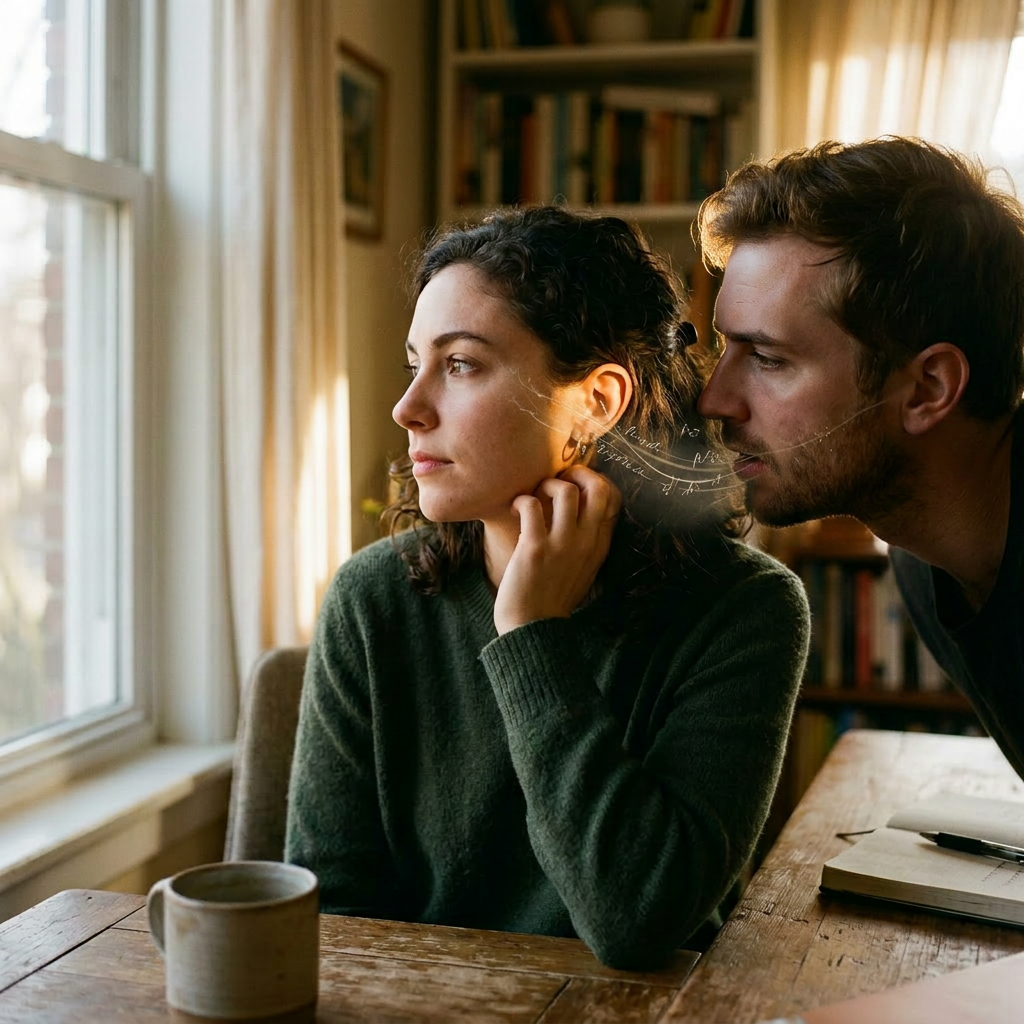 Woman in green sweater looking thoughtfully out a window indoors