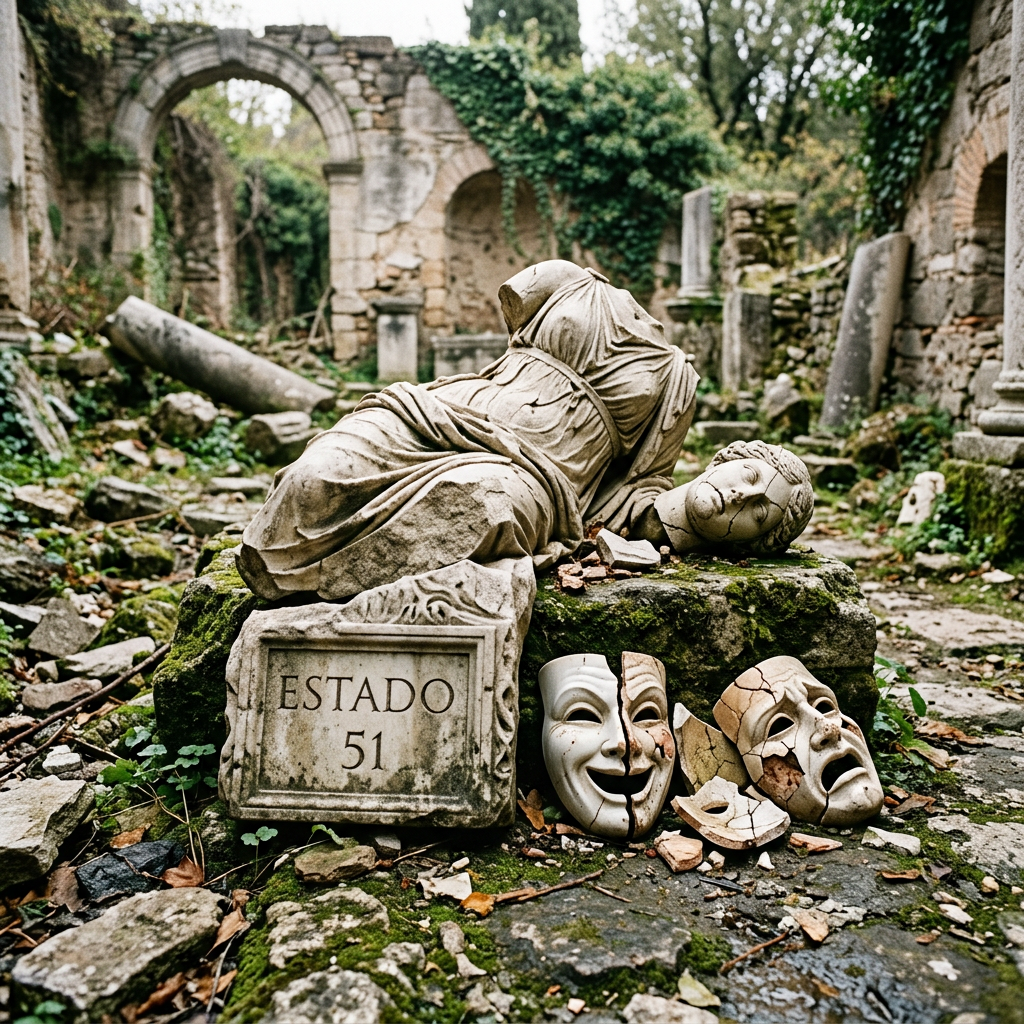 Fragmented statue and cracked theater masks amidst mossy ruins