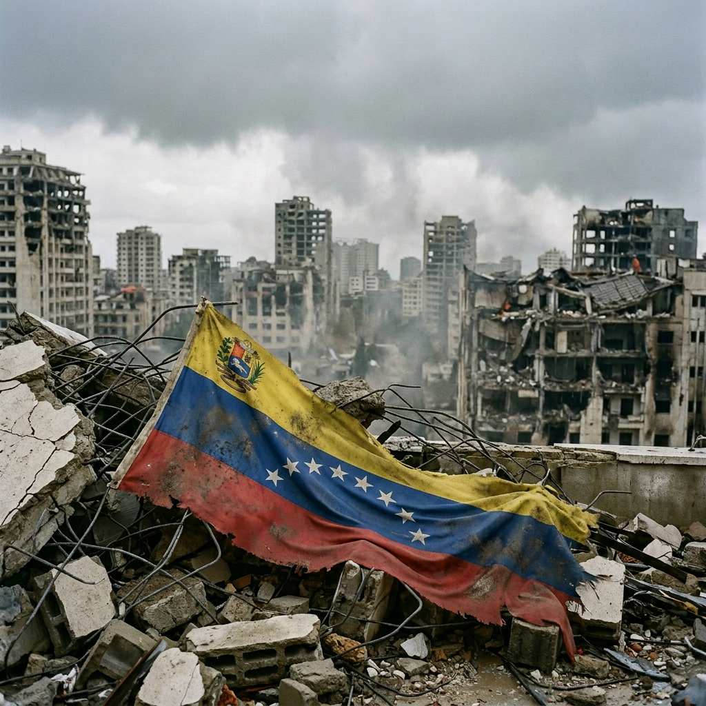 Worn US flag draped over debris in destroyed city with damaged buildings