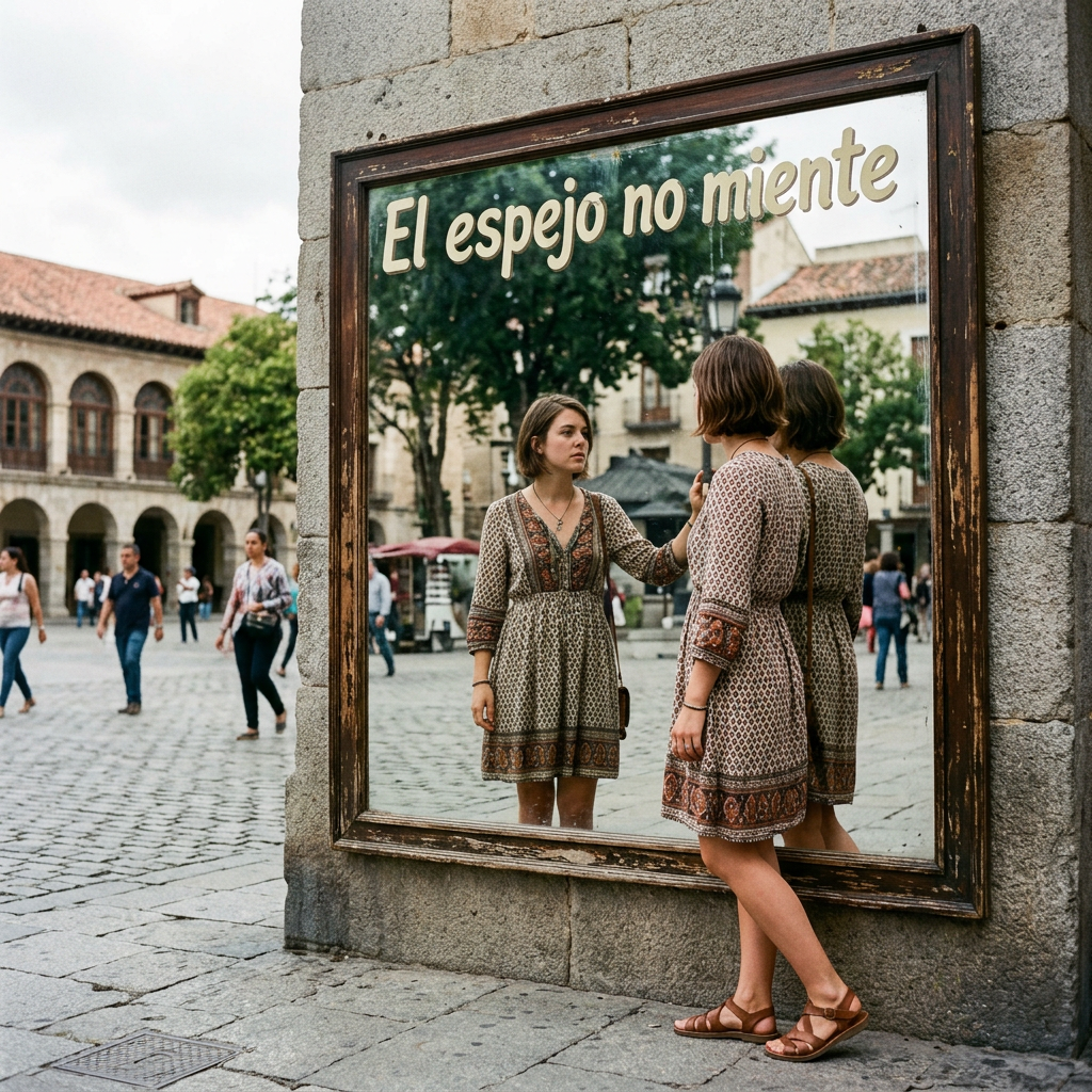 Add phrase "El espejo no miente" prominently