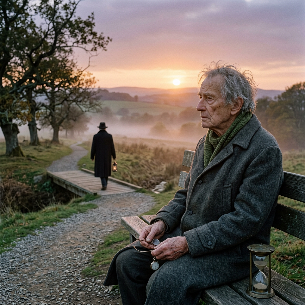 Elderly man sitting on bench holding a pocket watch with hourglass beside him, another person walks on path at sunset.