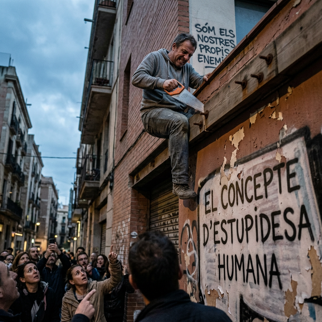 Man sawing wood on ledge above group of people pointing and watching in street