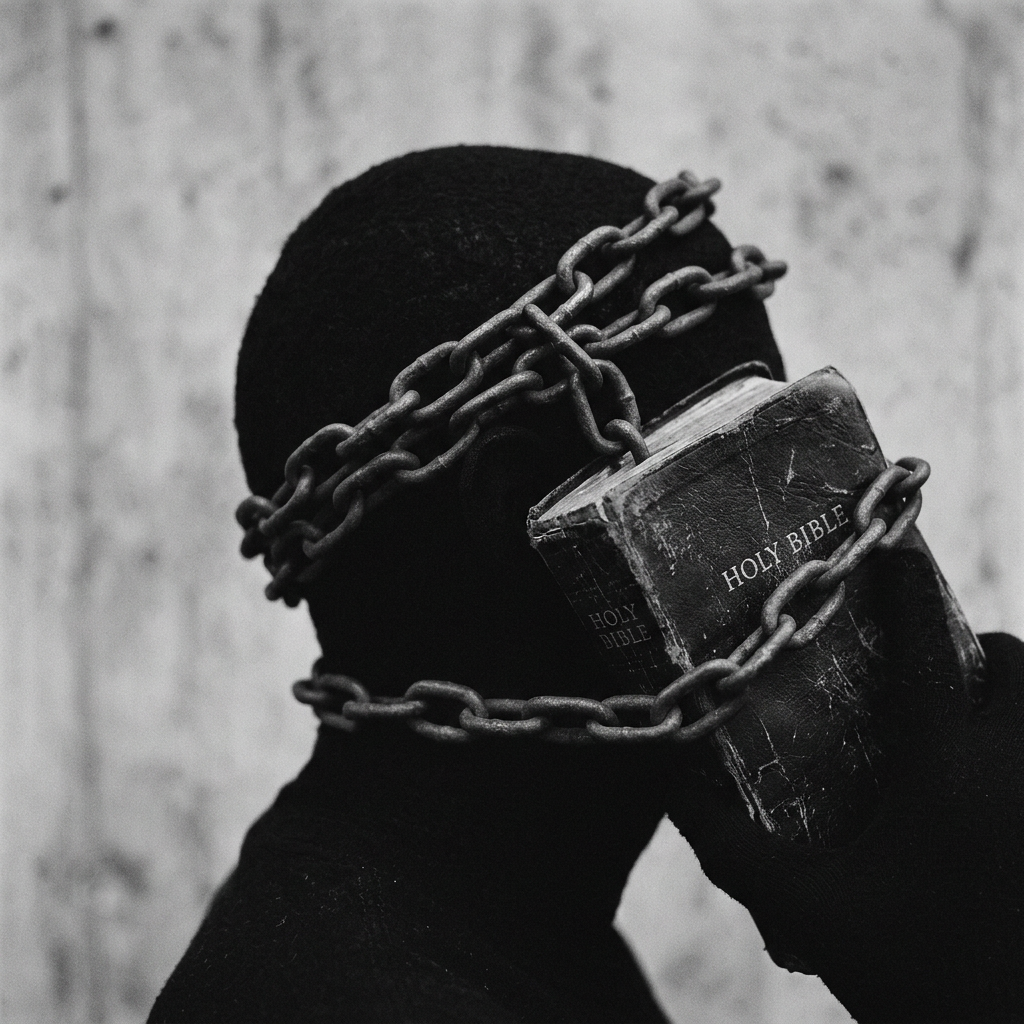 Person’s head wrapped in chains holding a worn Holy Bible