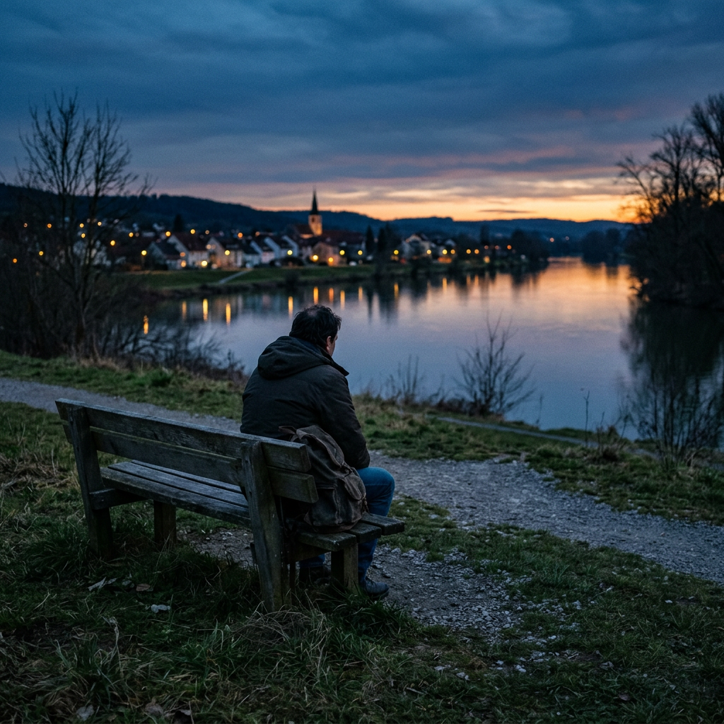 Person sitting on a bench facing a river with village lights and sunset sky.
